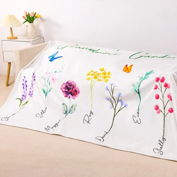 Personalized Family Watercolor Flowers Fleece Blanket Christmas Day Mother's Day Gift for Mother Grandmother