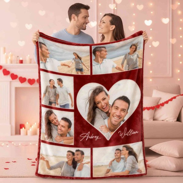 Personalized 5-9 Heart Couple Photos Soft Throw Blanket with Couple Names Valentine's Day Anniversary Gift for Couple