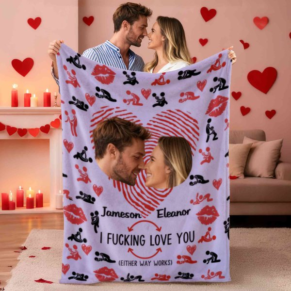 Personalized Couple Photos Heart Fingerprint Kiss Soft Throw Blanket with Name Home Decor Birthday Valentine's Day Gift for Couple