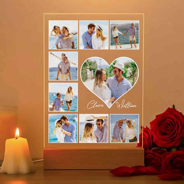 Personalized Heart 5-9 Photos Acrylic LED Night Light with Name and Wooden Base Home Decor Valentine's Day Anniversary Gift for Couple