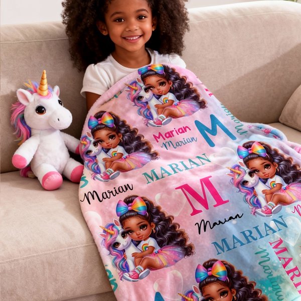 Personalized Cartoon Black Character Fantasy Unicorn Rainbow Soft Throw Blanket with Name Home Decor Birthday Christmas Gift for Boys Girls