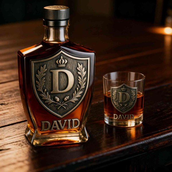 Custom Whiskey Bottle and Glass Set – Personalized Initial Crest with Name Engraving, Luxury Gift for Him/Her