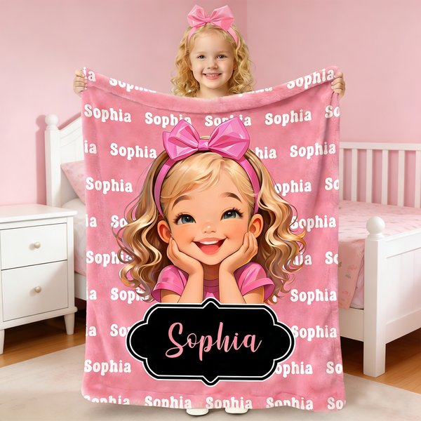 Personalized Cute Cartoon Little Girl Blanket with Name, Flannel/Sherpa Soft Bed Couch Throw, Home Decor, Birthday/Christmas Gift for Girls