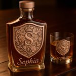 Custom Whiskey Bottle and Glass Set – Personalized Initial Crest with Name Engraving, Luxury Gift for Him/Her