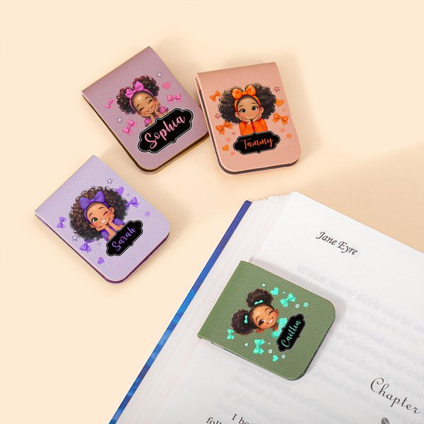 Personalized Name Cartoon Afro Black Girl Character & Bows Magnetic Bookmark, Leather Bookmark Clip, Birthday/Back to School Gift for Kids/Teens/Girls