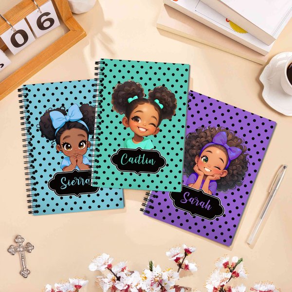 Personalized Cartoon Afro Black Girl Character Polka Dots Notebook with Name, A5 Spiral Journal, Christmas/Birthday/Back to School Gift for Girls