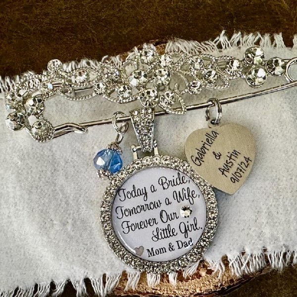 Custom Bridal Bouquet Charm with Name and Date, Today a Bride Something Blue Pin, Wedding Gift for Daughter/Bride