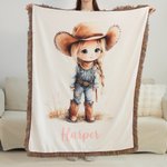 Personalized Cute Cartoon Cowboy Cowgirl Tassel Soft Flannel Blanket with Name, Home Decoration, Birthday Gift for Kids/Cowboy Lovers