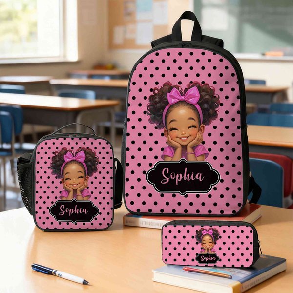 Custom Name Cartoon Afro Black Girl Polka Dots Backpack with Pencil Case & Lunch Bag, Large Capacity Schoolbag, Back to School/Birthday Gift for Girls