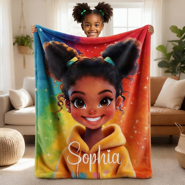 Personalized Cartoon Afro Girl Blanket with Name, Flannel/Sherpa Throw for Bed Couch, Home Decor, Back to School/Birthday Gift for Kids/Girls