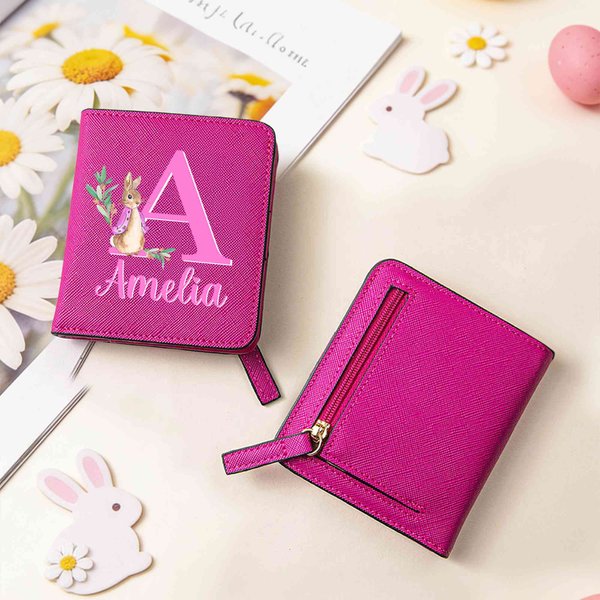 Personalized Cute Peter Rabbit Initial PU Leather Bifold Pocket Wallet with Multiple Card Slots with Name Easter Gift for Girls