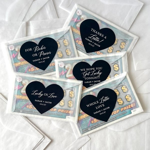 Personalized Couple Name & Date Sticker Envelope Set, Custom Heart Lottery Ticket Wedding Favors, Thoughtful Guest Favor for Wedding Celebrations