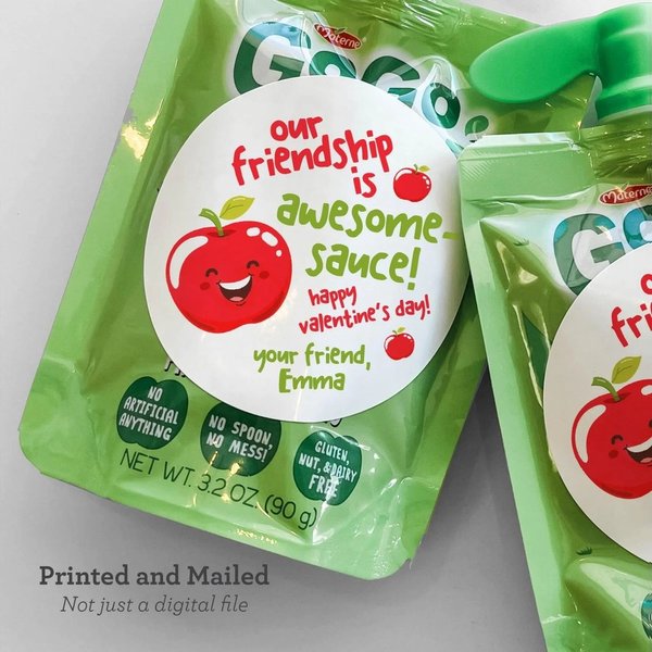 Custom Name Applesauce Valentine Stickers, Non-Candy Classroom Valentines for Preschool Kids