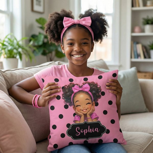 Custom Name Cartoon Afro Black Girl Polka Dots Soft Throw Pillow, Pillowcase with Optional Insert, Home Decor, Back to School/Birthday Gift for Girls
