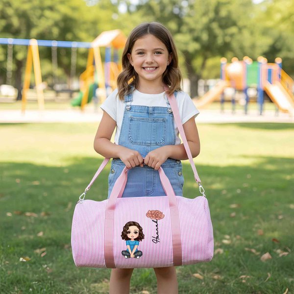 Personalized Cartoon Character Birth Flower Kid Seersucker Duffle Bag Overnight Sports Travel Essentials Birthday Gift for Boys Girls