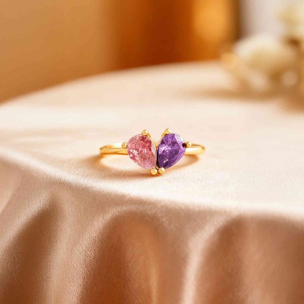 Bague personnalisée à double cœur avec pierre de naissance Cadeau d'anniversaire Cadeau de fête des mères pour les femmes
