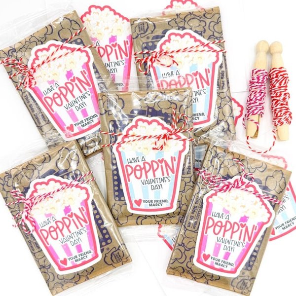 Personalized Kids Popcorn Valentine Stickers, Custom Name & Text Preschool Cute School Party Favors for Boys Girls