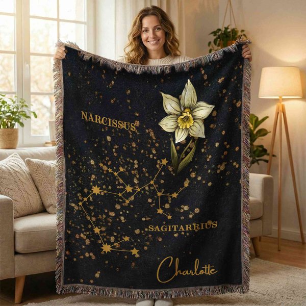 Personalized Zodiac Sign Constellation Birth Flower Soft Throw Blanket with Name and Tassel Home Decor Birthday Anniversary Gift for Family Friend