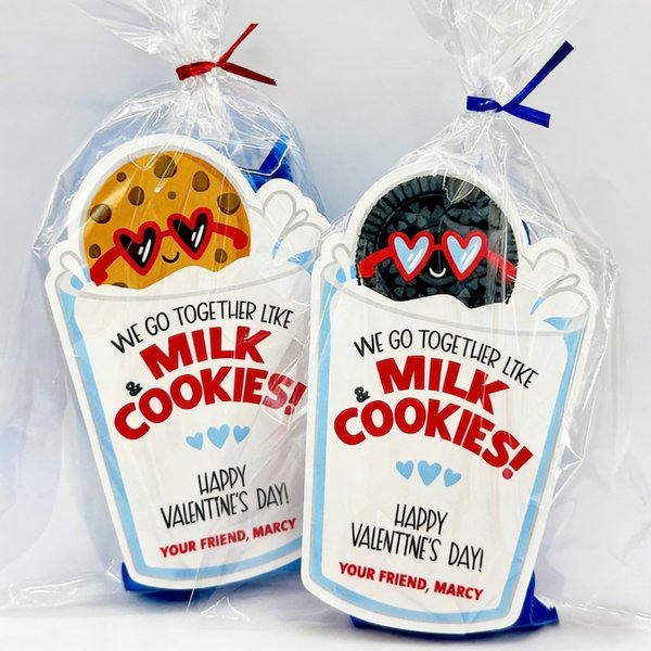 Personalized Milk & Cookies Valentine Cards, We Go Together Gift Tags, Custom Name & Text Cute Valentine Treats for Boys Girls