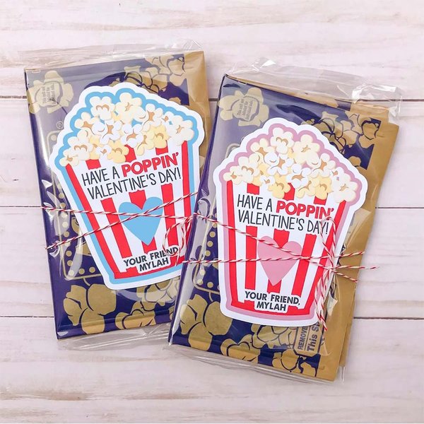 (Set of 12pcs)Personalized Kids Valentine’s Day Popcorn Stickers with Name, School Classroom Party Favors, Preschool Valentine Treat Tags