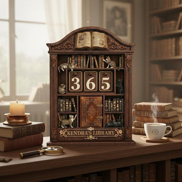 Custom Name Retro Cat Bookshelf Tracker Sign, Wooden Library Shelf with Number Tiles, Vintage Book Counter for Cat Lovers, Birthday Gift for Readers