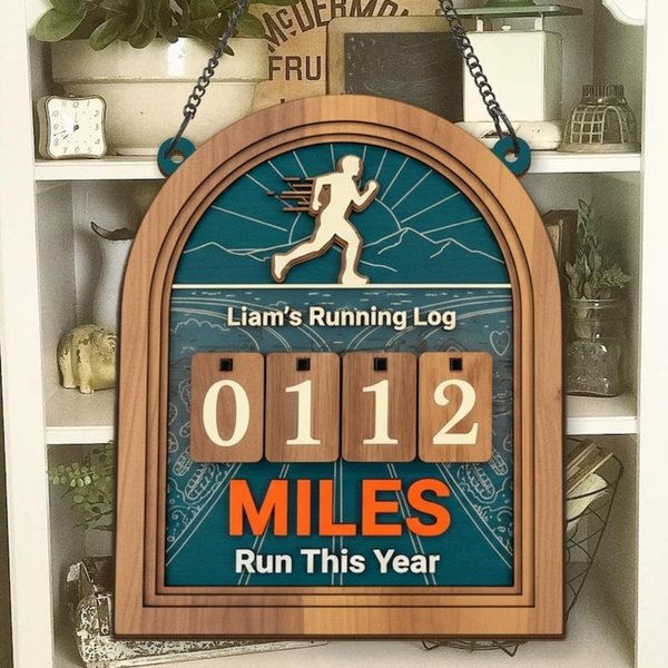 Personalized Running Miles Tracker Sign, Wooden Mileage Log with Number Tiles, Yearly Running Counter for Home Gym, Birthday Gift for Runners