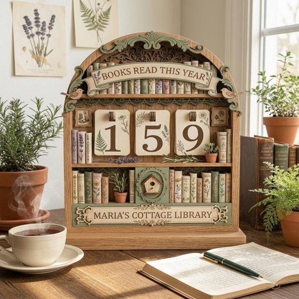 Custom Books Read This Year Tracker, Floral Wooden Library Display Shelf with Number Tiles, Home Decor for Book Lovers, Birthday Gift for Readers