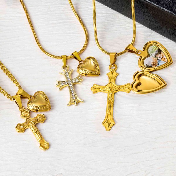 Personalized Cross Heart Pedant Dainty Stainless Steel Necklace with Photo Birthday Anniversary Baptism Gift for Christian Woman