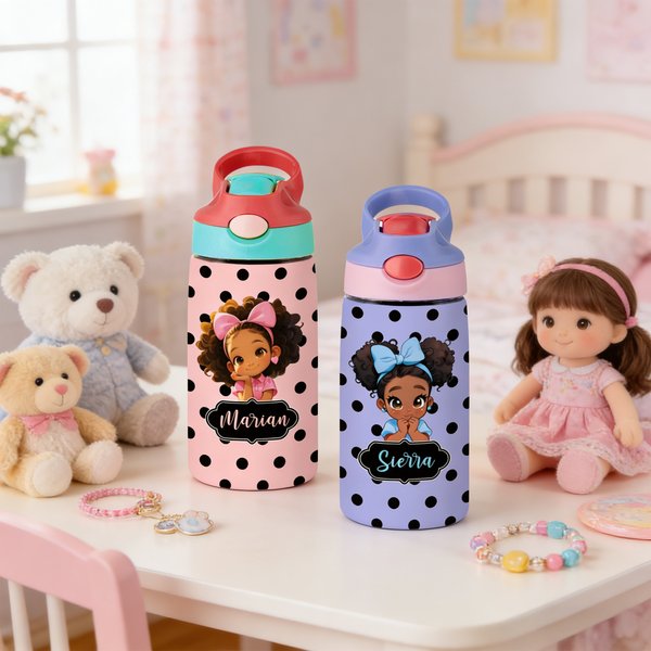 Custom Name Cartoon Afro Black Girl Polka Dots Water Bottle, 16oz Kids' Cup with Silicone Straw & Handle, Back to School/Birthday Gift for Girls
