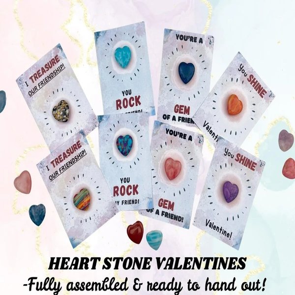 Colorful Natural Heart-Shaped Rock Valentine's Gift with Blessing Card, Unique Classroom Party Favors for Kids/Boys/Girls