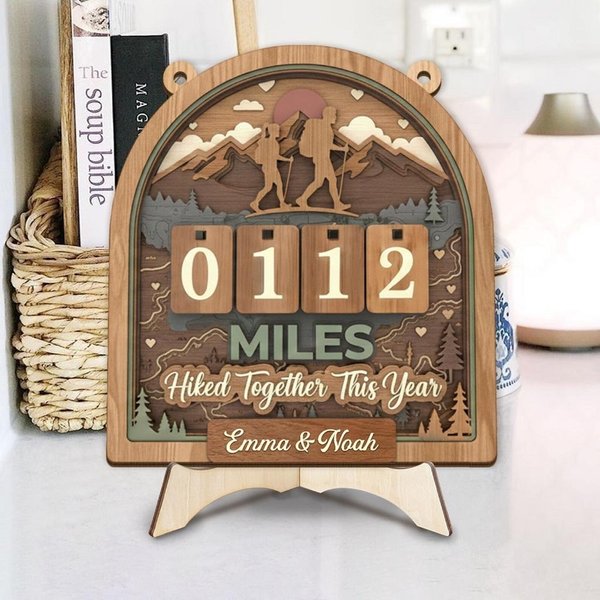 Personalized Couples Hiking Miles Tracker Sign with Names, Wooden Hike Distance Counter, Adventure Decor, Valentine's Day/Anniversary Gift for Couple