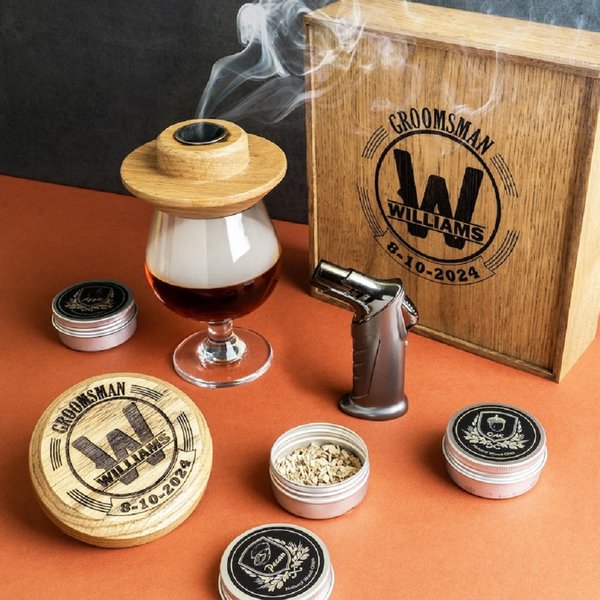 Custom Whiskey Smoker Kit with Engraved Monogram, Wooden Bourbon Bar Set, Birthday/Wedding Gift for Smoker Men