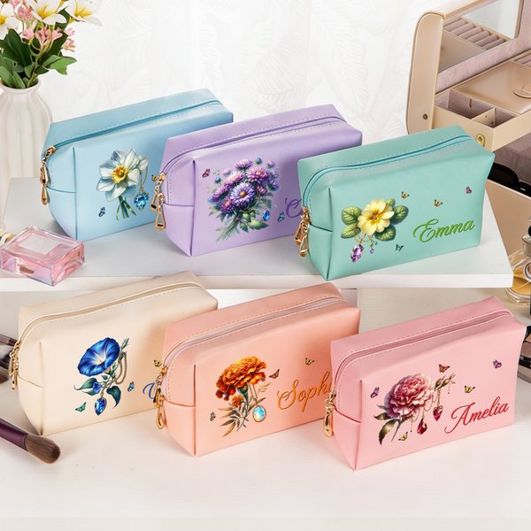 Personalized Multicolor Gemstone Birth Flower PU Leather Makeup Bag with Name and Zipper Travel Essentials Birthday Gift for Women