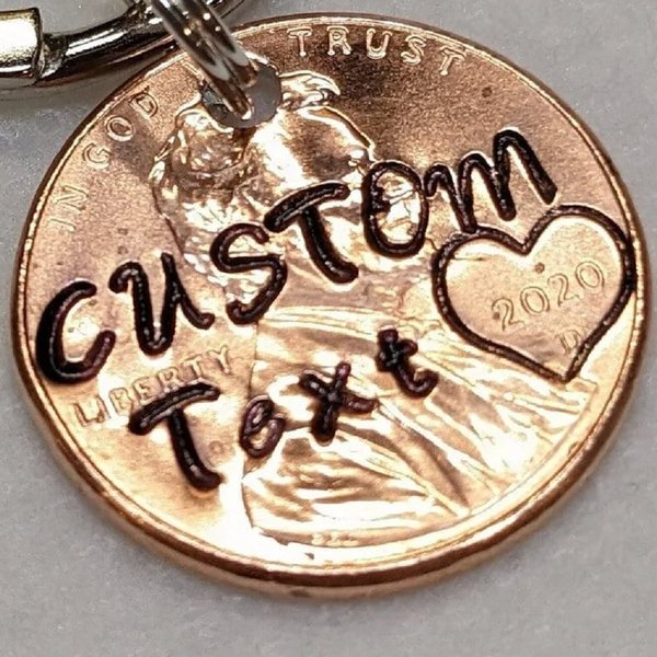 Custom Hand Stamped Keychain Charm with Text and Year, Lucky Penny, Birthday/Anniversary Gift for Friends/Family
