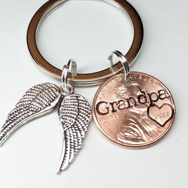 Personalized Grandfather Remembrance Penny from Heaven with Angel Wings Charm Keychain, Lucky Penny Keychain, Memorial Gift for Grandpa/Papa/Family