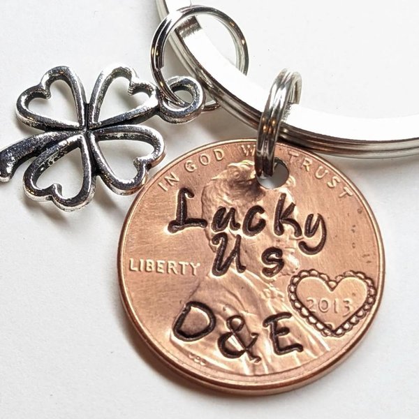 Personalized Lucky Copper Penny Keychain, Engraved Penny with Custom Year & Initials, 7th Anniversary/Valentine's Day Gift for Couple