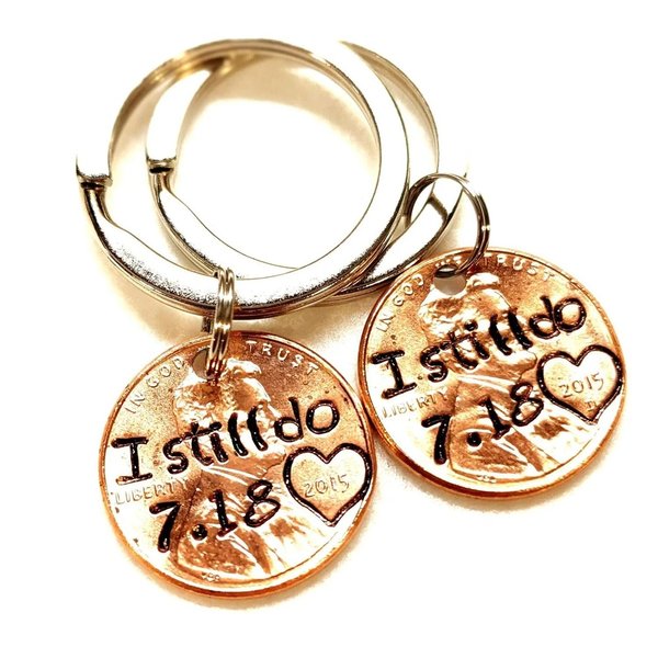 Personalized Copper “I Still Do” Keychain with Your Anniversary Date, Engraved Penny Keepsake for Him or Her, Wedding Anniversary Gift for Couple