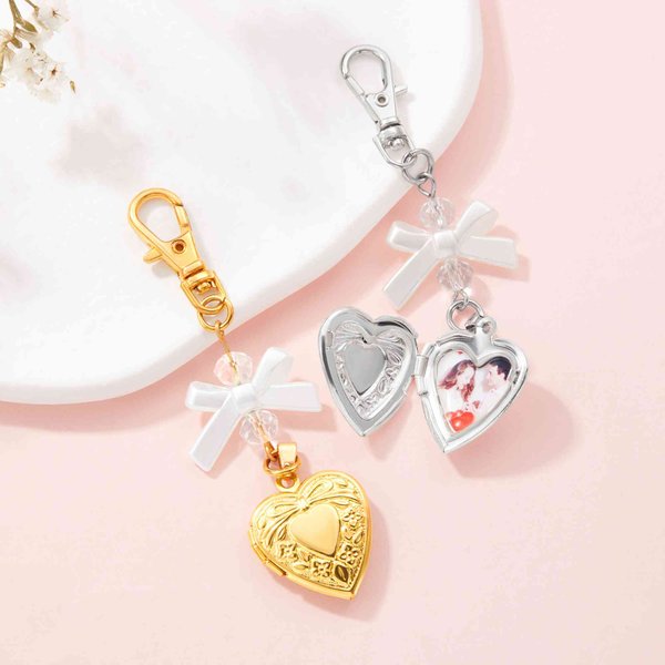 Personalized White Bow Love Locket Bag Charm Keychain with Heart-Shaped Photo Anniversary Birthday Gift for Her