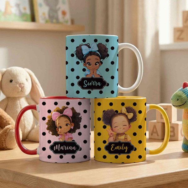 Personalized Cartoon Black Girl Mug with Name, Black Little Girl Coffee Cup with Coaster, Birthday Gift for African American Little Girl