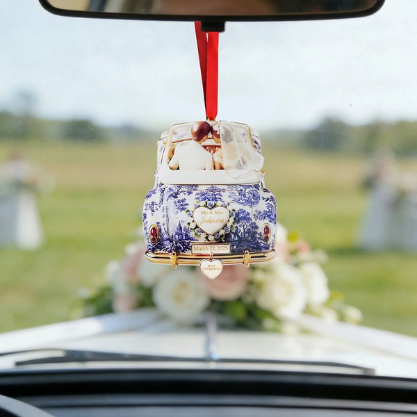 Personalized Just Married Car Ornament with Name and Date Memory Keepsake Valentine's Day Wedding Anniversary Gift for Newlyweds