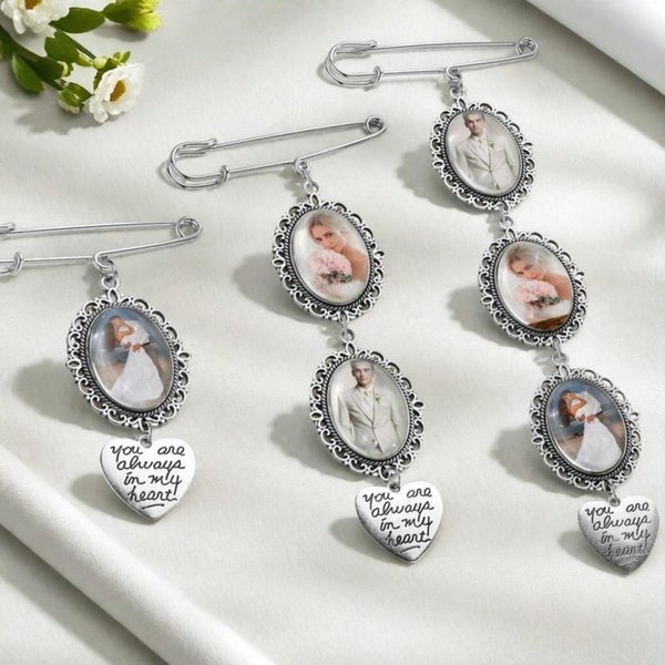 Personalized Bridal Bouquet Charm with Photo, Custom Flower Keepsake Pin for Wedding Memorial, Remembrance Gift for Bride