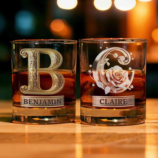 Personalized Rose Alphabet 10 oz Whiskey Glass with Name Valentine's Day Gifts for Couple Whiskey Lover