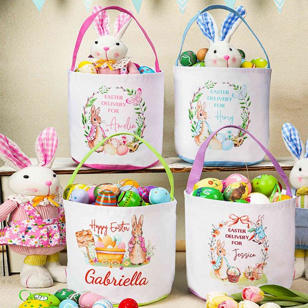 Personalized Cute Peter Rabbit Reusable Easter Basket with Name, Egg Hunting Basket, Easter Goodie Bag, Party Favor, Easter Gift for Boys/Girls/Teens