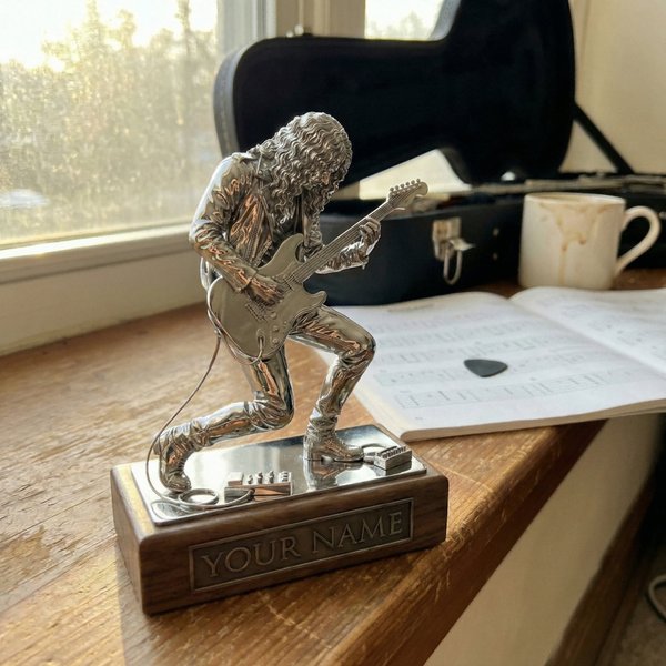 Personalisierte Name 3D Acryl Rock Gitarrist Figur, Silber E-Gitarre Leistung Statue, Geburtstagsgeschenk für Musikliebhaber/Gitarrenspieler/Freunde
