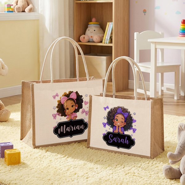 Personalized Cartoon Black Girl Jute Bag with Name, Black Little Girl Jute Tote Bag, Birthday Gift/Back to School for African American Little Girl