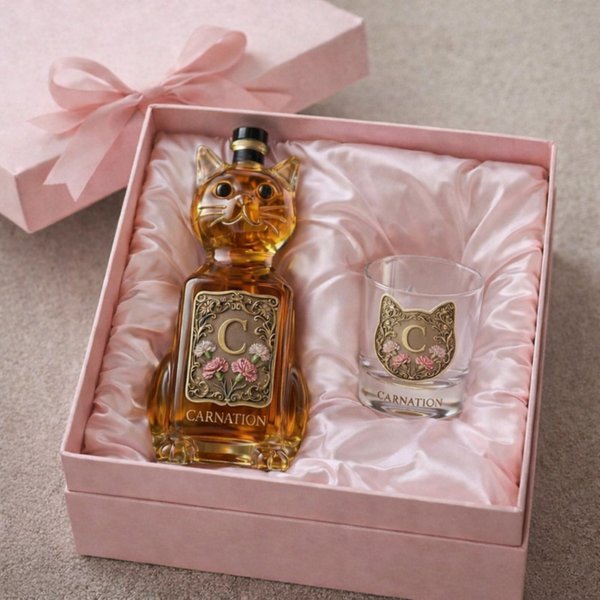 Personalized Cat-Shaped Whisky Glass/Bottle/Sets, Custom Name and Birth Flower, Mother’s Day/Valentine‘s Day/Birthday Gift for Woman/Her