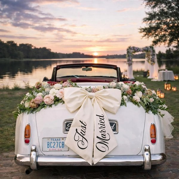 Personalized Married Car Bow with Couple Names, Wedding Car Ribbon Decor for Bridal Shower & Wedding Day, Party Accessory for Reception & Send-Off
