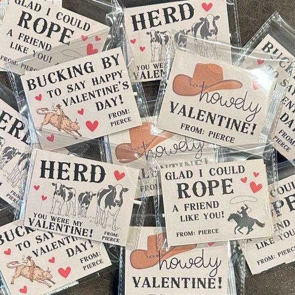 Personalized Name Western Rodeo Cowboy Valentine's Card with Baggie, School Class Favors, Valentine's Day Gift for Kids/Boys/Girls