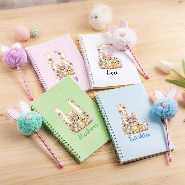 Personalized Cartoon Easter Bunny Initial with Name and Bunny Pom Pen, A5 Lined Page Spiral Notebook Pen Set, Easter/Back to School Gift for Kids
