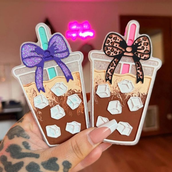 Personalized Iced Coffee Car Freshener with Bow, Light Scent Clip for Car Vent, Cute Coffee Lover Gift, Custom Air Freshener for Her/Him